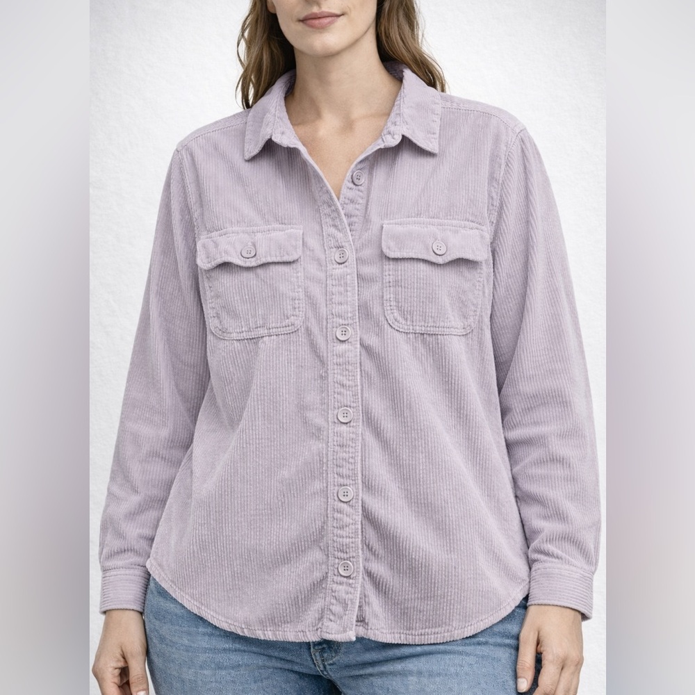 American Eagle Corduroy Shirt Women L Lavender Purple Button Down Collar Pockets